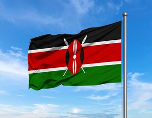Kenya Flag Waving Against the Blue Sky

