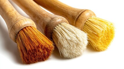 Three varied paintbrushes with wooden handles against a white background