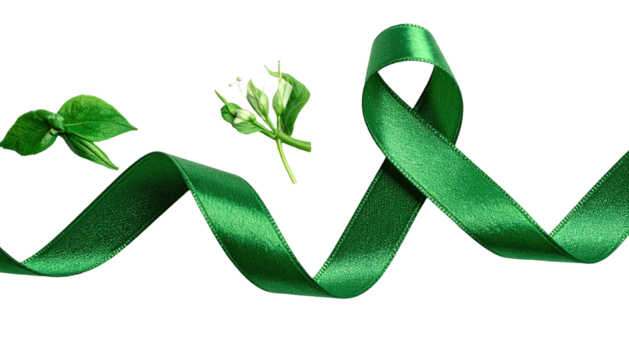 Emerald green ribbon, intertwined, with delicate floral sprigs