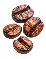 Obraz premium Close-up of four roasted coffee beans, arranged in a loose cluster, rich dark brown tones, showing their texture and natural shape