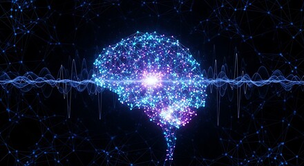 Digital Brain with Glowing Core and Data Waves Representing AI and Neural Networks.