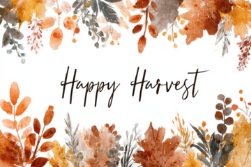 Happy Harvest message with watercolor autumn leaves fall foliage frame for seasonal greetings and invitations isolated on white background