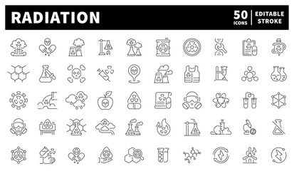 Radiation icons set: editable line icons, outline, nuclear, and chemical symbols