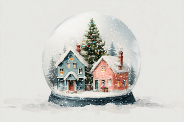 Charming watercolor snow globe capturing a winter village scene filled with joy