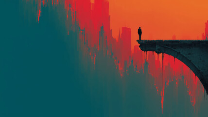 Dynamic market landscape showcases a solitary figure against vivid skyline