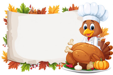Cartoon turkey chef holding a Thanksgiving dinner blank banner with autumn leaves vector illustration for holiday greeting cards and invitations