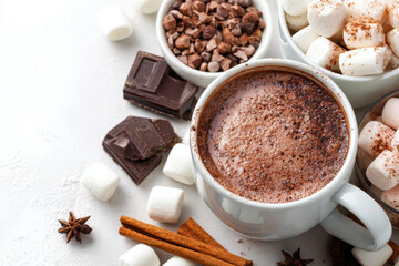 Fototapeta premium Hot chocolate with marshmallows dark chocolate pieces and cinnamon sticks a cozy winter drink for holiday celebrations
