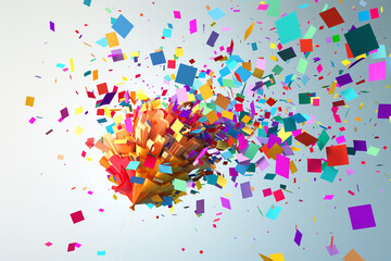 A confetti-filled balloon bursting open, releasing a cascade of colorful paper squares in a joyful explosion.