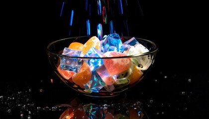 Colorful Lit Ice Cubes in Glass Bowl on Black Background