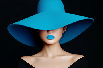 Bright blue lips of an Asian-looking model wearing a bright blue felt hat on a black background. Advertising for lipstick, cosmetics, and a luxury clothing store.