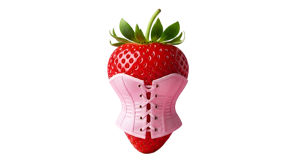 Red strawberry wearing a pink corset isolated on transparent background