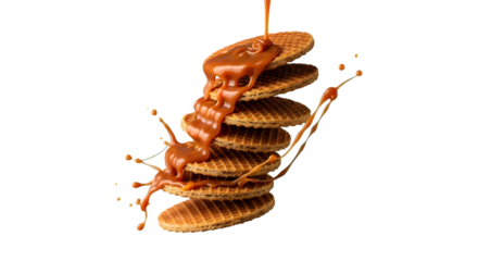 Stack of golden waffles with caramel sauce pouring isolated on transparent background