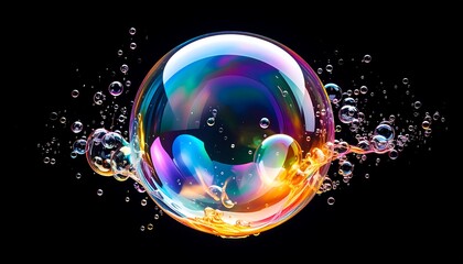 Colorful Soap Bubble on Black Background with Water Spray