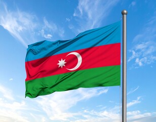 Flag of Azerbaijan Waving Against the Blue Sky