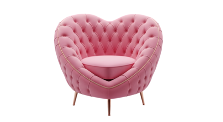 Elegant pink velvet tufted heart shaped accent chair isolated on transparent background