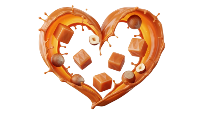Delicious heart shaped caramel waffle filled with chocolate and nuts isolated on transparent background