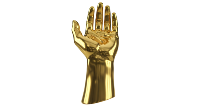 Shiny golden prosthetic arm with open palm isolated on transparent background