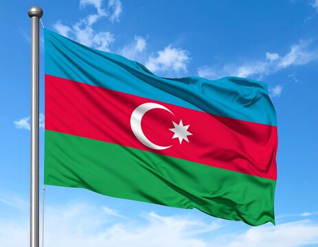 Flag of Azerbaijan Waving Against the Blue Sky - Powered by Adobe