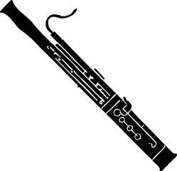 Silhouette of a bassoon with long body, curved metal crook, and distinctive double reed structure.