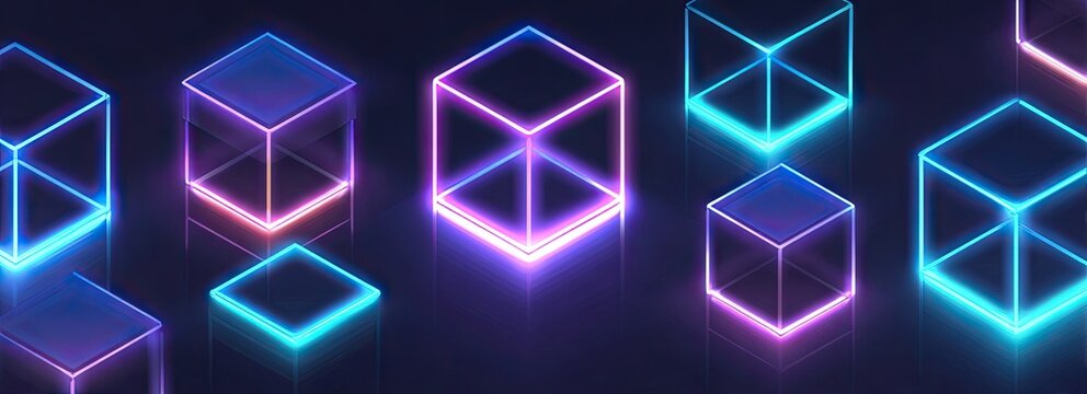 Floating glowing cubes with neon outlines in shades of purple and teal on a dark background