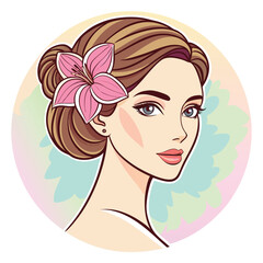 Beautiful woman with brown hair and a pink flower behind her ear, a pretty portrait on a colorful background, vector illustration