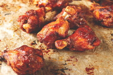 Grilled chicken legs lined with parchment paper and covered with caramelized glaze, close-up,