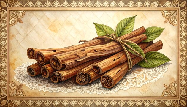 Artistic Illustration of Cinnamon Sticks with Leaves and Ornamental Frame