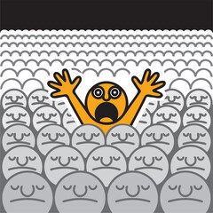 One man screams among many indifferent people. Mental health concept of feelings and emotions. Vector illustration, graphic image.