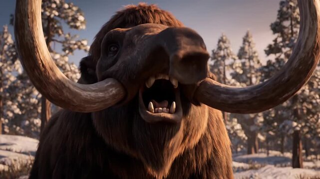 A magnificent mammoth explores a snowy landscape surrounded by towering pine trees. Its powerful presence captures the serene essence of a winter day in a prehistoric world.