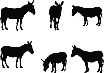 Donkey silhouettes, farm animal vector, standing donkey, walking donkey, grazing donkey, livestock outline, rural transport, working mule, agriculture art, wildlife illustration