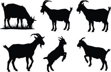 Goat silhouette collection, farm animal vector, black goat clipart, goat poses illustration, livestock graphic, agriculture design, domestic goat artwork, nature icon
