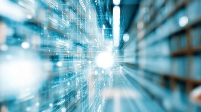 Hand Reaching Towards Digital Data Stream in Futuristic Library Environment with Glowing Visual Elements
