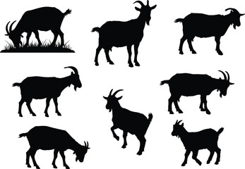 Goat silhouette collection, farm animal vector, black goat clipart, goat poses illustration, livestock graphic, agriculture design, domestic goat artwork, nature symbol
