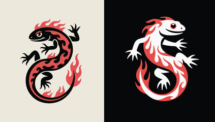 Fiery salamander creature design with scales and flames against contrasting backgrounds