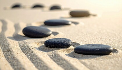 Black stones arranged on sand in a minimalist zen scene