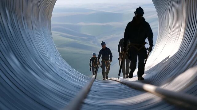 A maintenance crew climbs a spiral staircase inside a steel silo, with tools clanking, rivets glinting, a faint echo of footsteps, and a narrow window revealing rolling fields, shown in a detailed