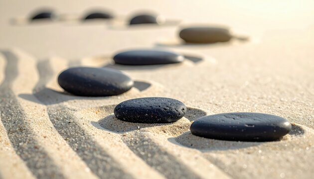 Black stones arranged on sand in a minimalist zen scene