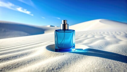 Blue perfume bottle resting in white sand under blue sky