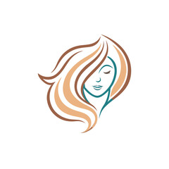 Elegant beauty logo design featuring a womans face with flowing hair, isolated on white background for a spa or salon brand