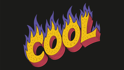 Fiery cool text design with vibrant flames in yellow orange purple and red