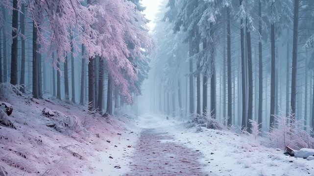 Minimal winter scene: snow‑covered forest path fading into fog; serene monochrome palette and gentle motion for nature headers and seasonal campaigns