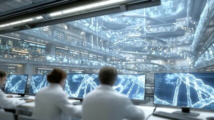 Neon-illuminated futuristic laboratory where scientists examine holographic genetic codes while AI algorithms process data in real time, highlighting advanced biotechnology, DNA analysis, and - Powered by Adobe