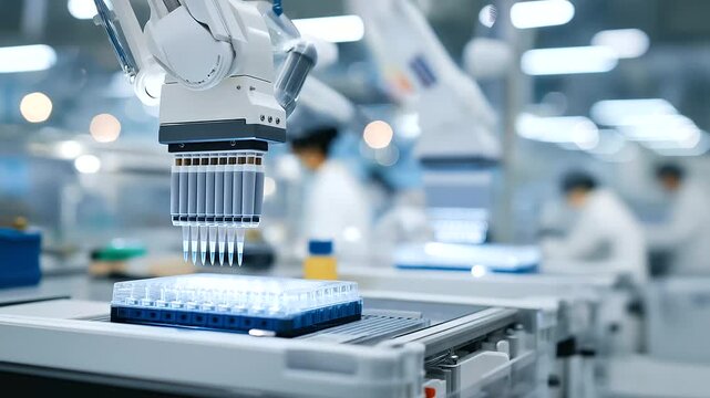 Robotic pipettors automate dispensing in a high-throughput screening room, with arms moving precisely, multi-well plates filling, a computer controlling sequences, and technicians monitoring runs,