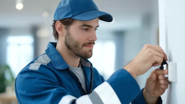 Technician replaces broken electrical socket with modern outlet inside household wall, representing professional electricity maintenance, safe wiring upgrade, reliable repair service, and energy