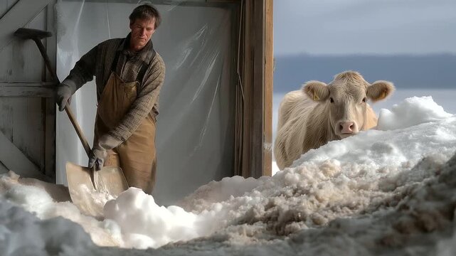 A farmer, their overalls stiff, shovels snow from a barn entrance, the shovel&rsquo;s blade scraping wood. Snow, heavy and wet, piles beside the door, its hinges rusted. A pitchfork, its tines bent,