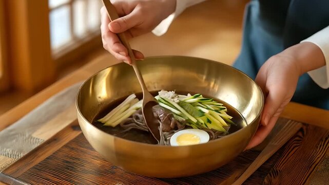 A grandmother, her hands trembling slightly, serves Pyeongyang Naengmyeon in a yugi brass bowl at a traditional home, the floor polished wood. The bowl&rsquo;s curves reflect light, holding slick noodles