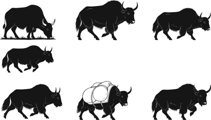 Yak silhouettes, grazing animal, walking livestock, Himalayan pack animal, mountain farming, black vector design, wildlife illustration, agriculture transport, rural culture, nature