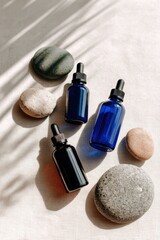 Minimalist skincare branding with blue haze, featuring elegant glass bottles and smooth stones, creating a serene and calming atmosphere for beauty products