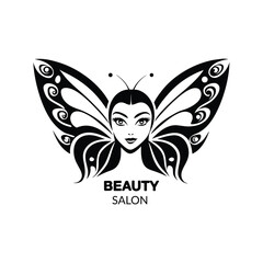 Obraz premium Beauty salon logo featuring a womans face and butterfly wings, isolated on white background, perfect for branding and design