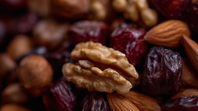A close-up of a raw nut mix featuring unshelled walnuts, shiny chestnuts, and almonds, showcasing a deep earthy palette and natural textures.